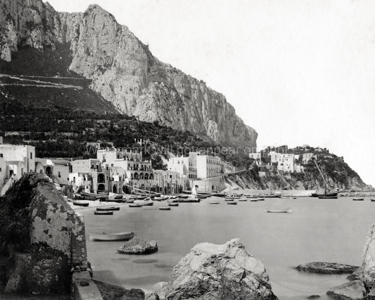 Capri Italy Marina Bay Naples Coastal Town Boats Cliffs Vtg. Photo 19thC.