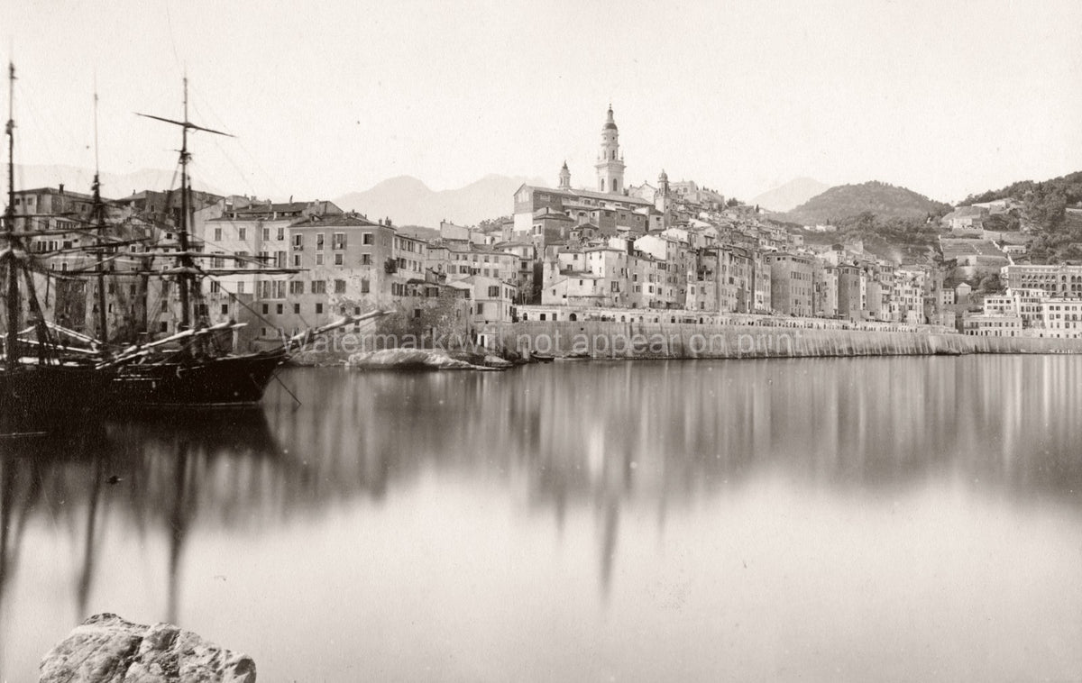 Menton France Port Old Town Harbor Ships Seawall Coastline Vtg. Photo 19thC.