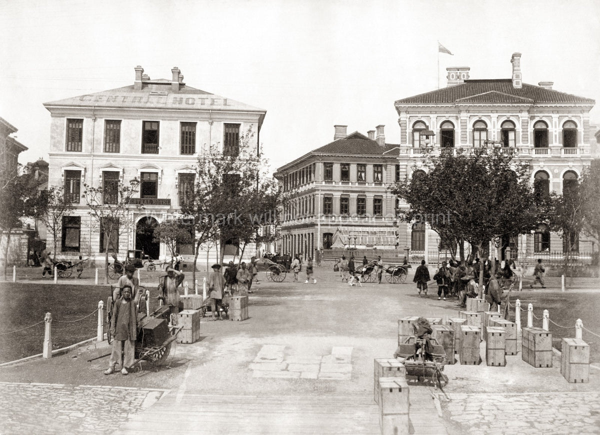 Shanghai China Central Hotel Rickshaws Porters Street Scene Vtg. Photo 19thC.