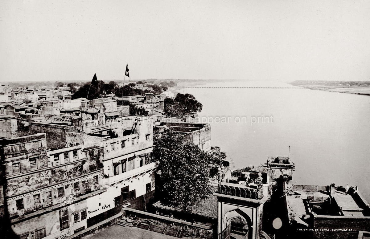 Benares Varanasi Cityscape River Ganges Bridge of Boats India Vtg. Photo 19thC.