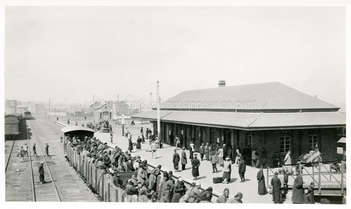 Tientsin China Railway Station Passengers Open Train Cars Vtg. Photo 19thC.