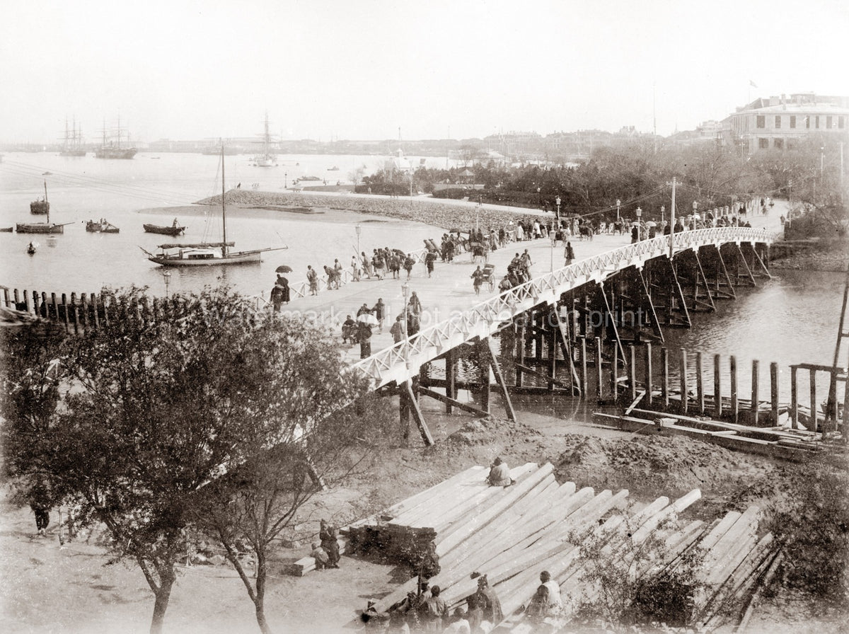 Shanghai China Suzhou Creek Bridge Cityscape Harbor Boats Vtg. Photo 19thC.