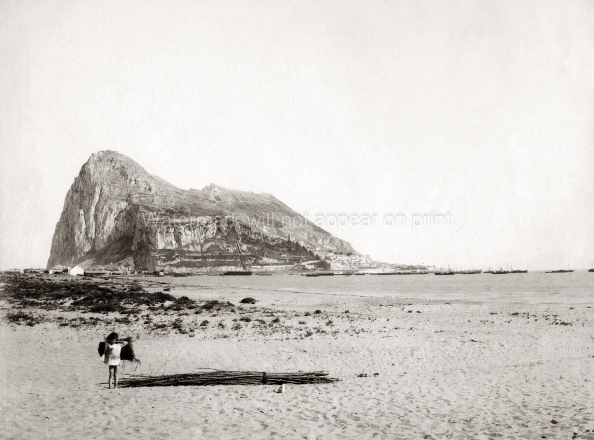 Rock Gibraltar Beach Bay Ships Child Landscape Vtg. Photo 19thC.