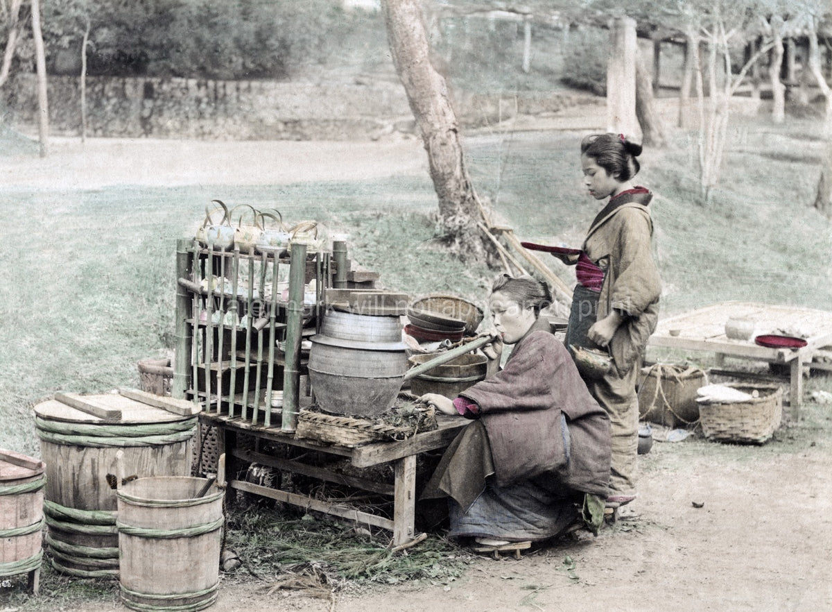 Japan Wayside Food Stall Women Kimono Cooking Tea Street Vtg. Photo 19thC.