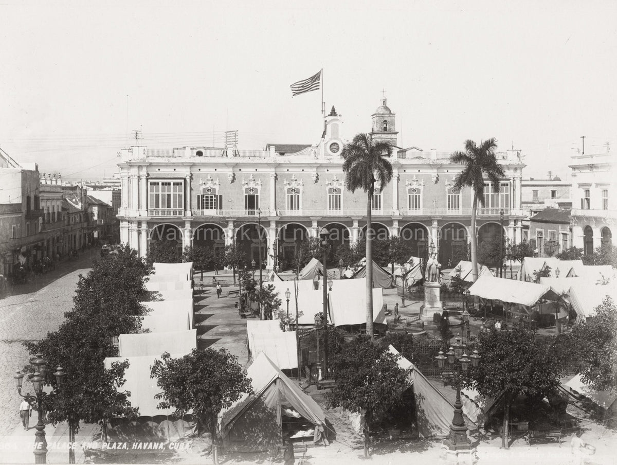 Havana Cuba Palace Plaza de Armas Flag Military Tents Vtg. Photo 19thC.