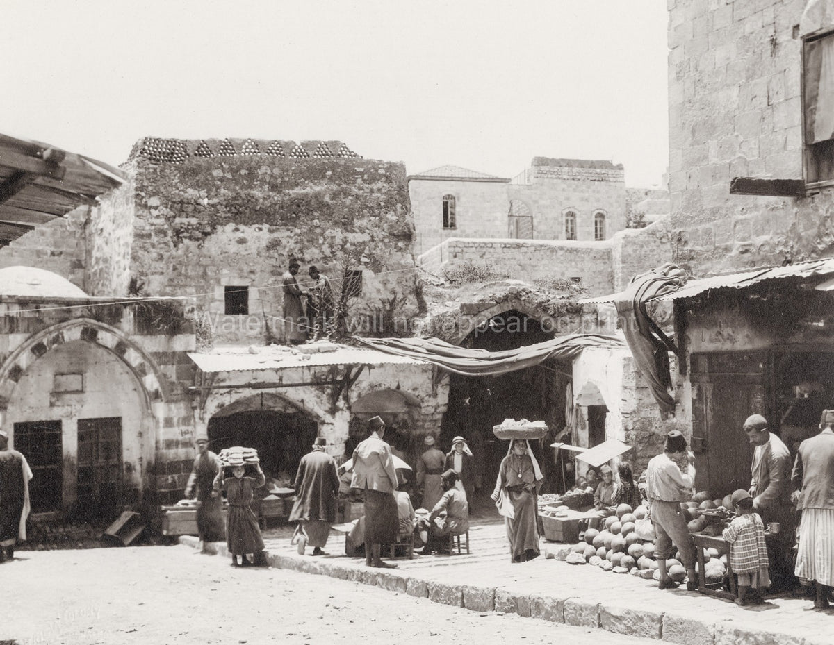 Jerusalem Damascus Gate Market Street Scene People Palestine Vtg. Photo 19thC.