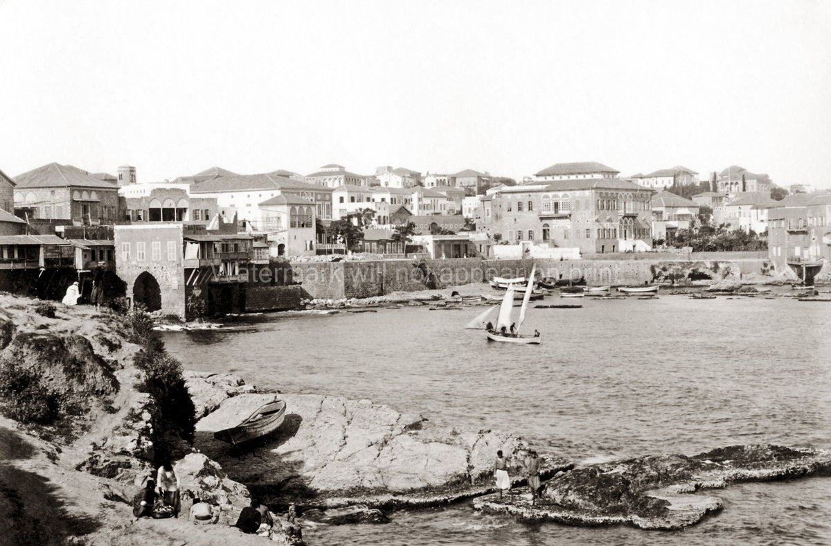 Beirut Lebanon Waterfront Harbor Cityscape Sailboat Vtg. Photo 19thC.