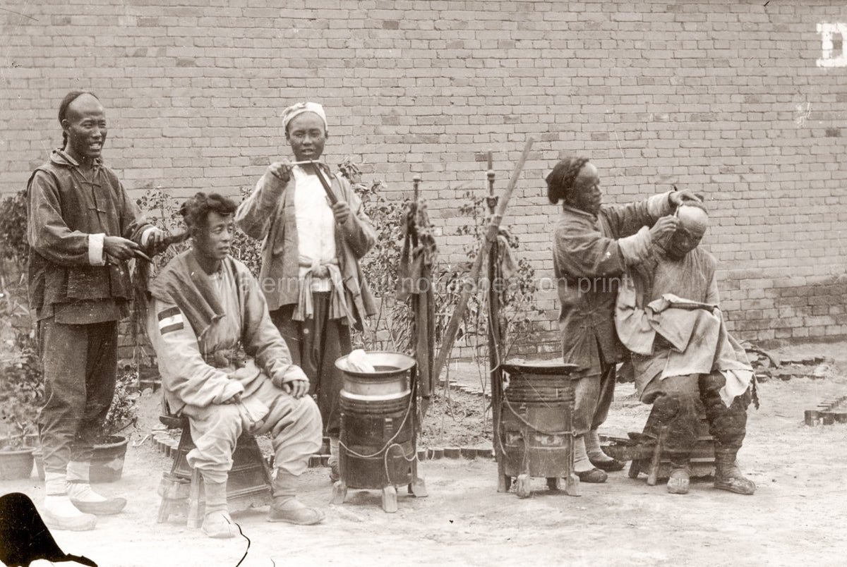 Peking Beijing Chinese Barbers Work Shaving Queue Hairstyle Vtg. Photo 20thC.