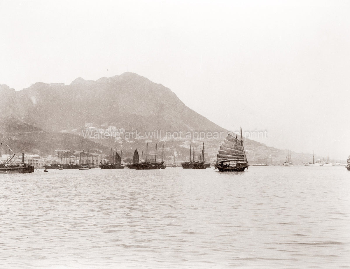 Hong Kong Harbour Chinese Junk Boats Ships Victoria Peak Vtg. Photo 19thC.