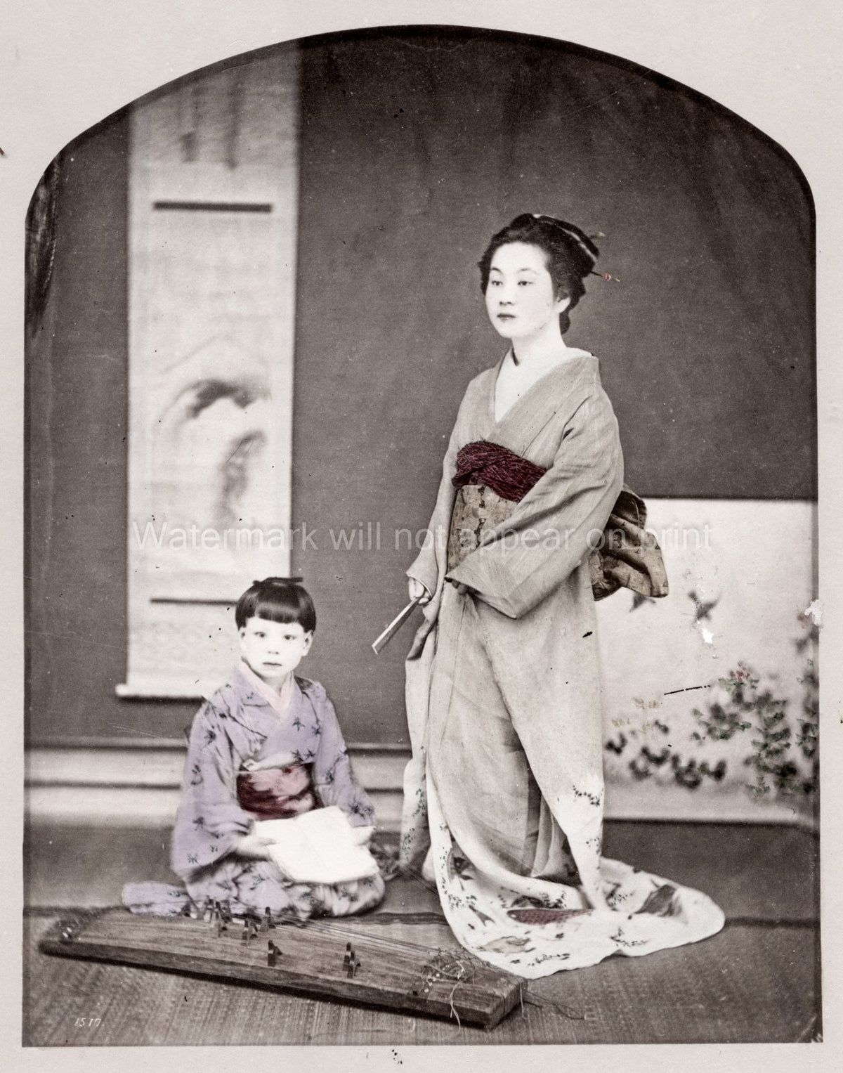 Japanese Woman Child Kimono Geisha Koto Music Traditional Vtg. Photo 19thC.