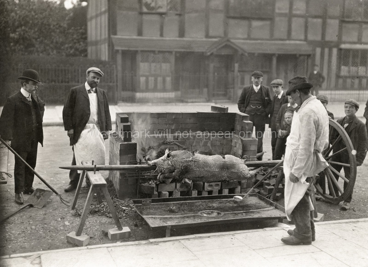 UK Street Scene Men Roasting Pig Spit Cooks Feast Community Vtg. Photo 20thC.
