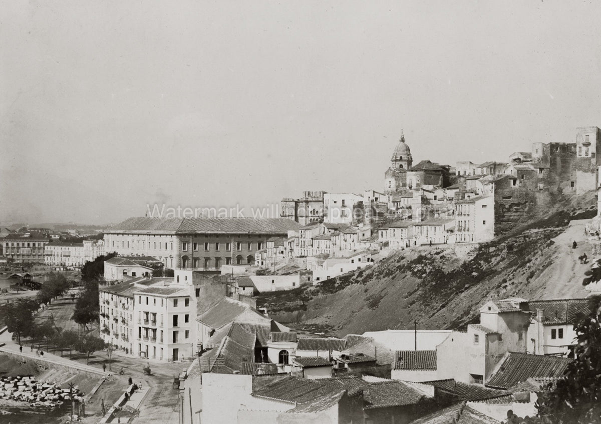 Malaga Spain Cityscape View Hillside Cathedral Architecture Vtg. Photo 19thC.