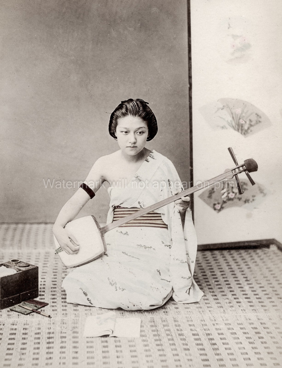 Young Japanese Woman Musician Shamisen Kimono Traditional Art Vtg. Photo 19thC.