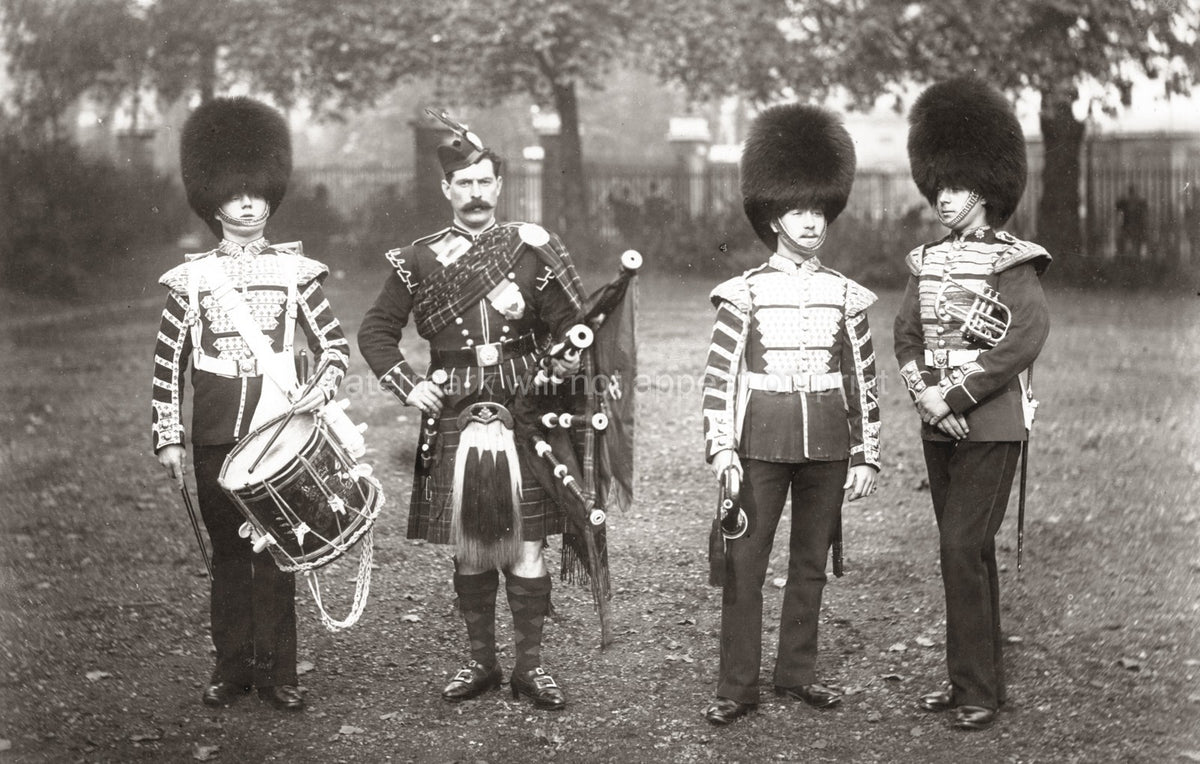 1st Scots Guards Piper Drummer Bandsmen Military Uniforms Kilt Vtg. Photo 19thC.