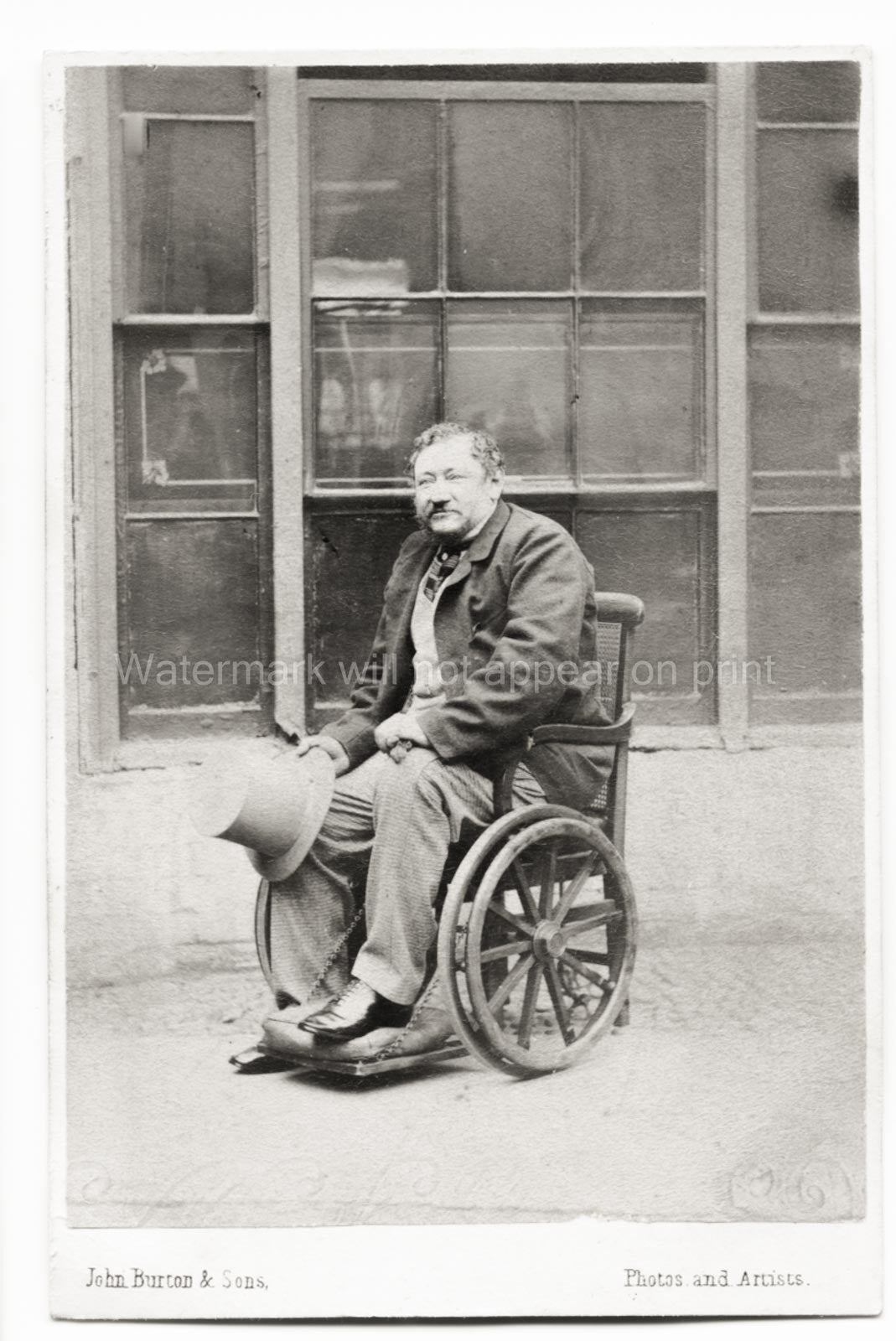 Disabled Man In Victorian Wheelchair Outdoor Portrait Top Hat Vtg. Photo 19thC.