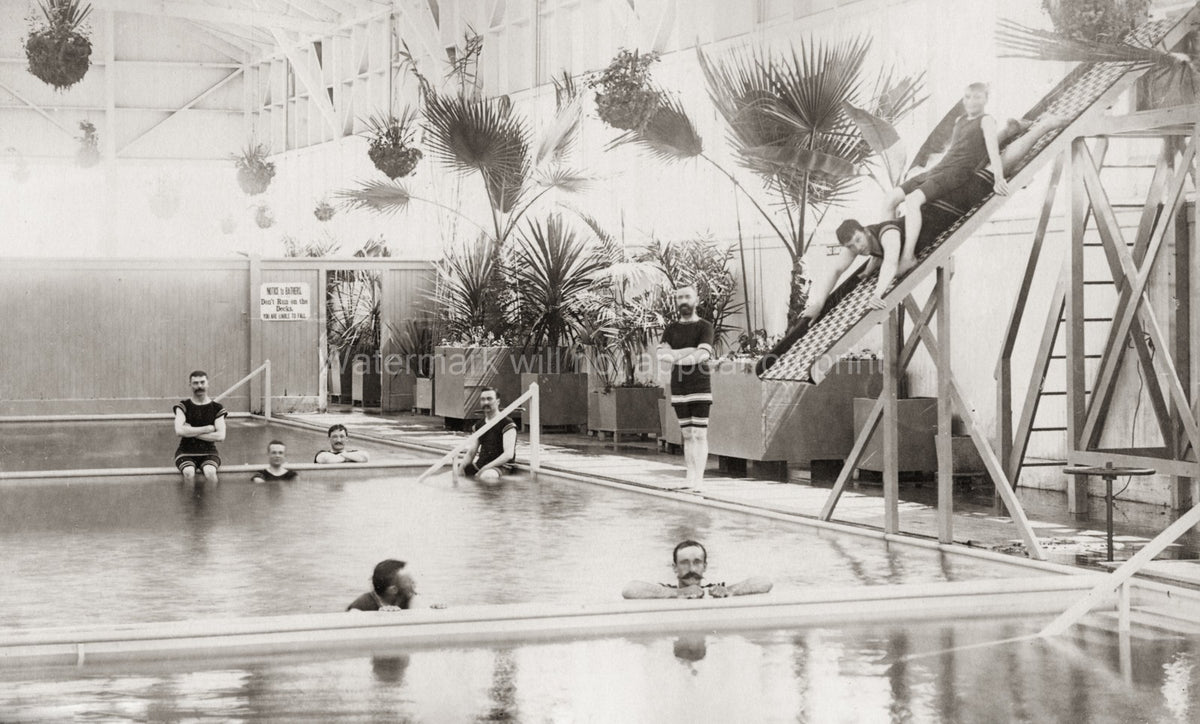France Indoor Swimming Pool Bathers Men Swimsuits Slide Fun Vtg. Photo 19thC.