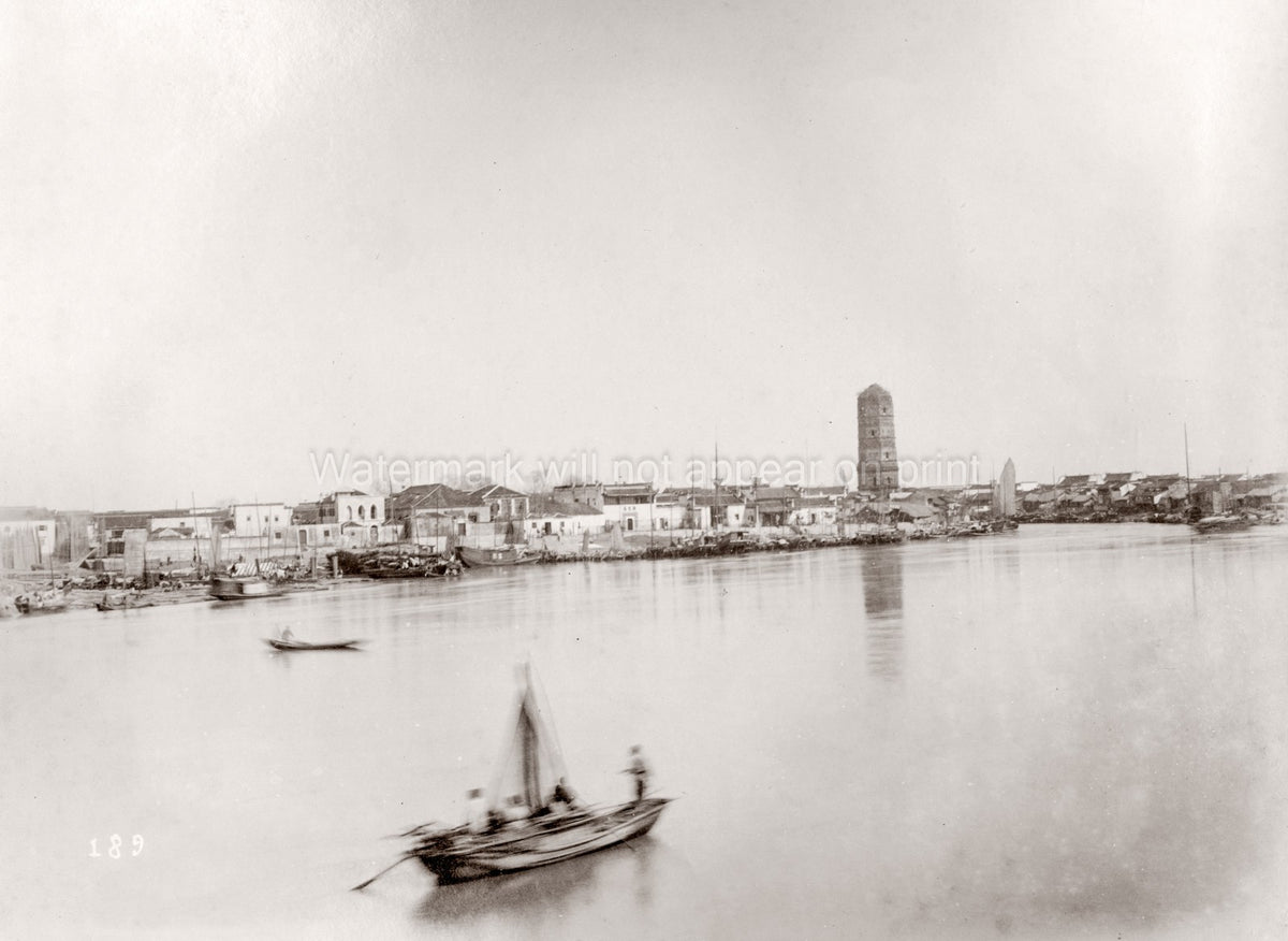 Wuhu China Yangtze River Boats Pagoda Waterfront Cityscape Vtg. Photo 19thC.