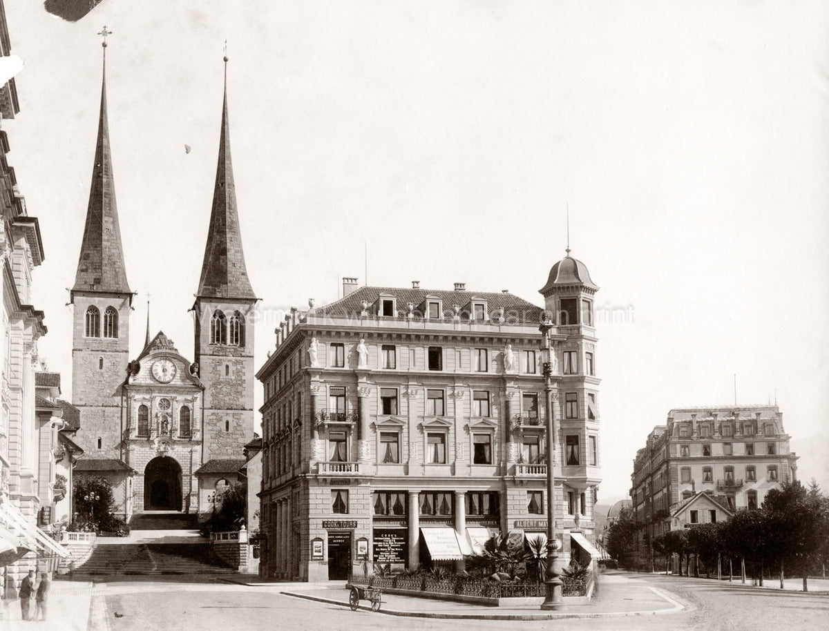 Lucerne Switzerland Church St Leodegar City Centre Street Vtg. Photo 19thC.