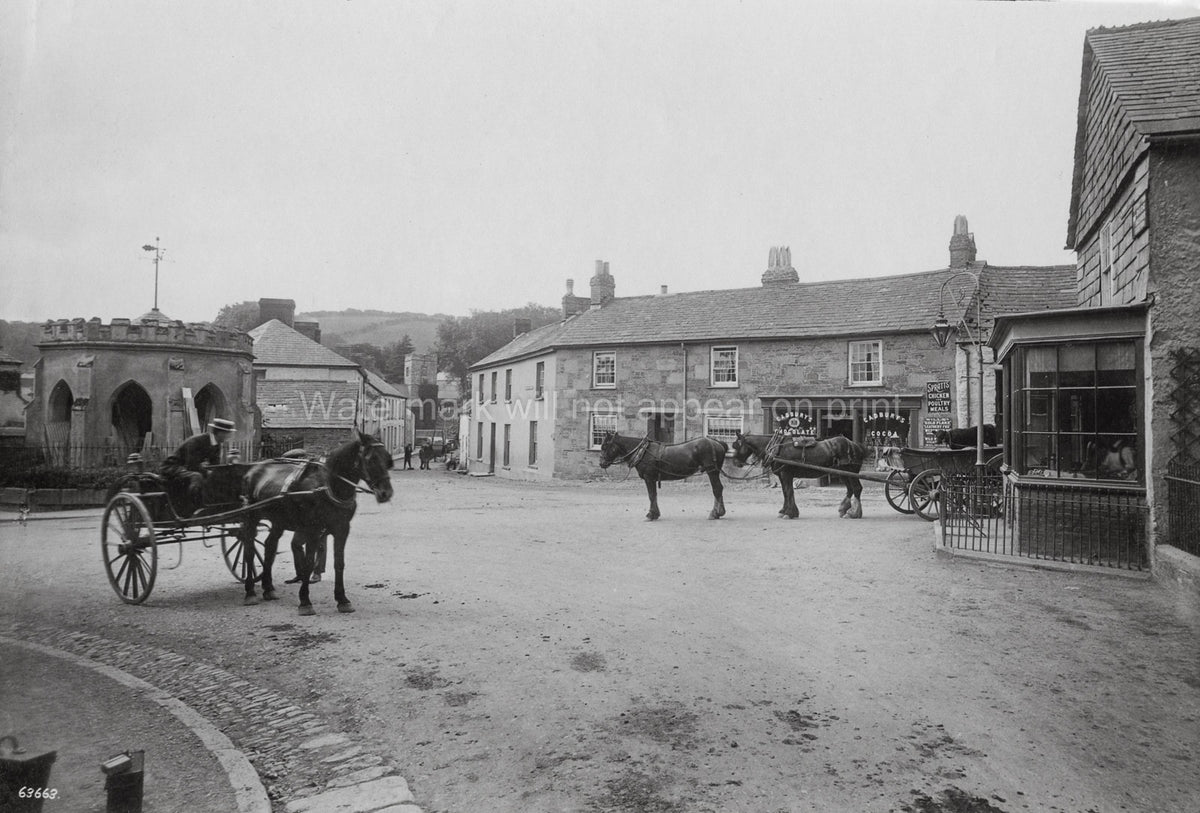 Launceston Cornwall Town Square Horses Carts Street Scene Vtg. Photo 19thC.