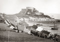 Mont Orgueil Castle Gorey Jersey Harbor Village Boats Seascape Vtg. Photo 19thC.