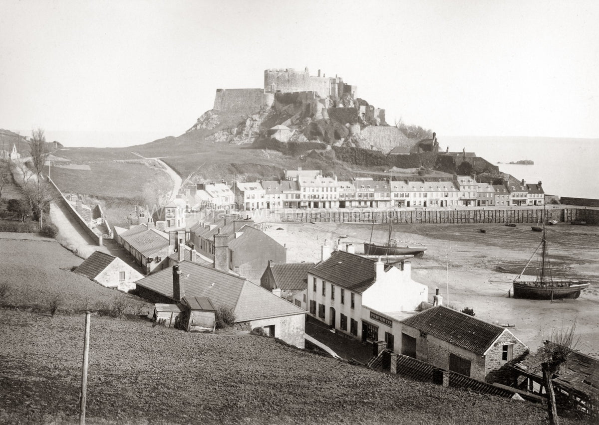 Mont Orgueil Castle Gorey Jersey Harbor Village Boats Seascape Vtg. Photo 19thC.