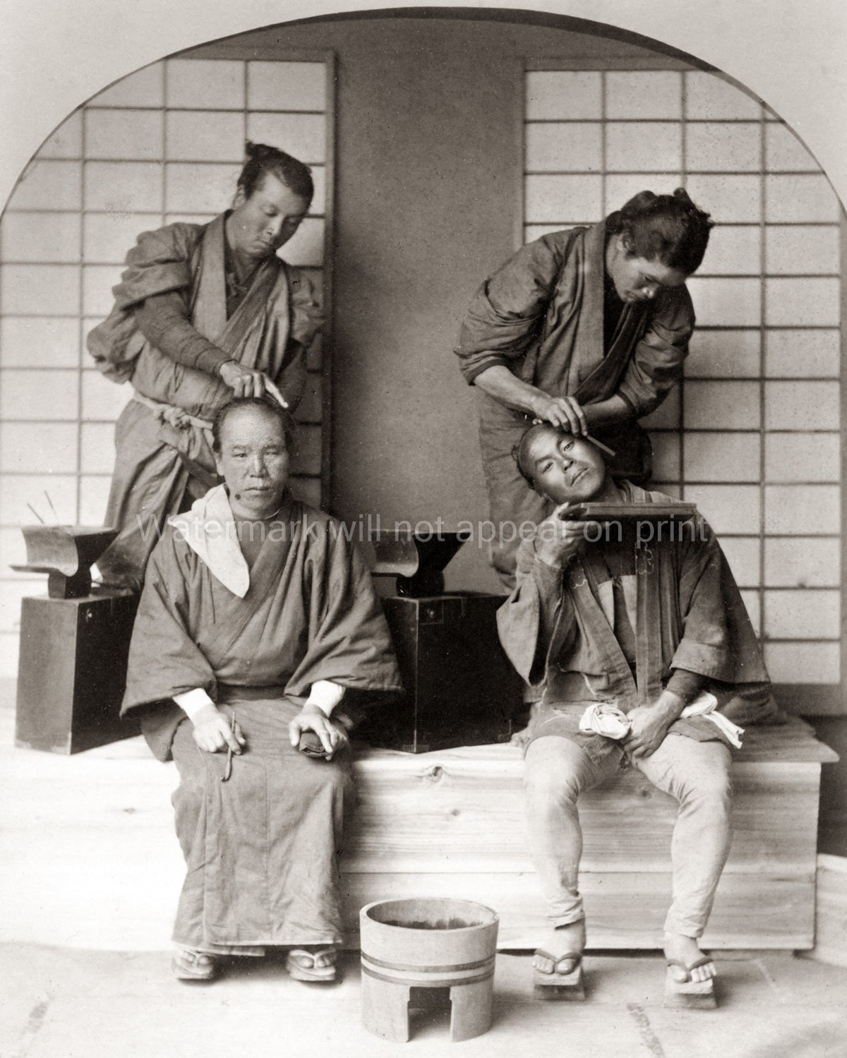 Japan Barbers Work Shaving Men's Chonmage Hairstyle Kimono Vtg. Photo 19thC.