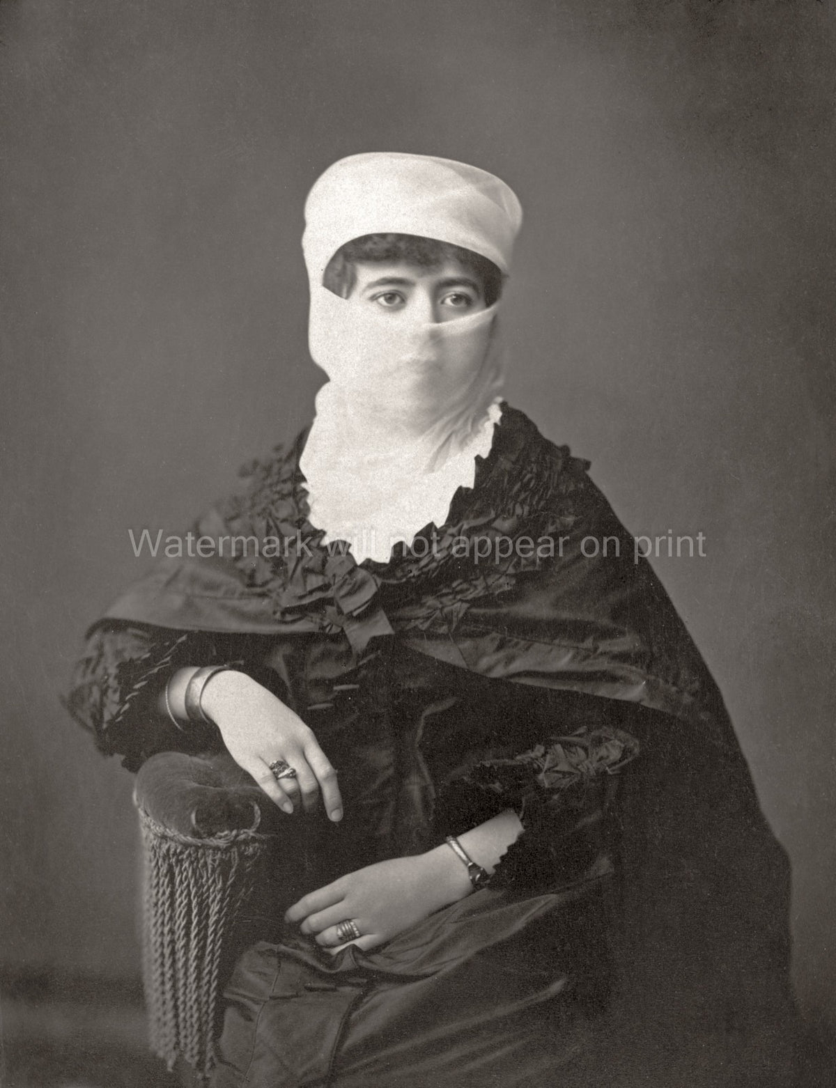 Veiled Turkish Woman Ottoman Portrait Fashion Jewelry Vtg. Photo 19thC.