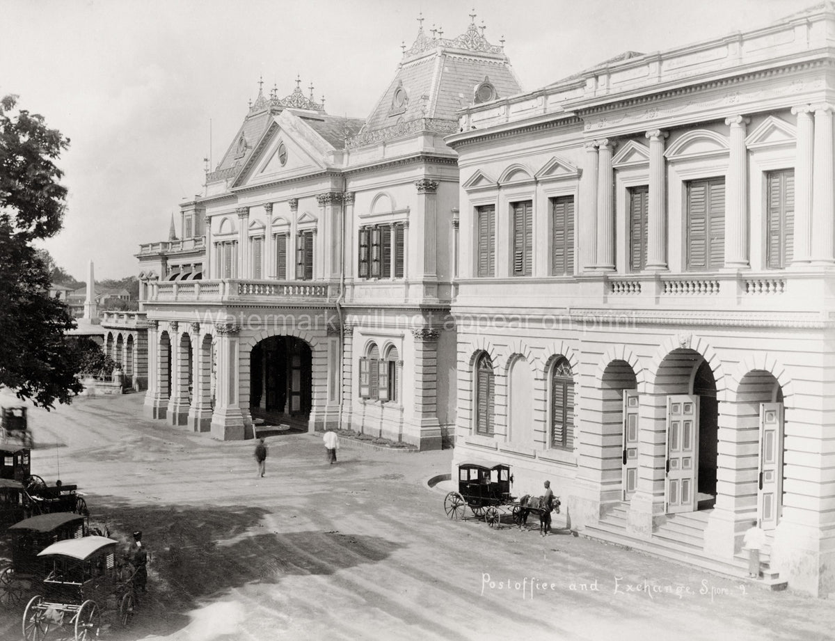 Singapore Post Office Exchange Architecture Street Carriages Vtg. Photo 19thC.