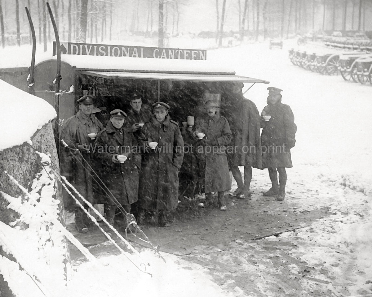 WW1 France Divisional Canteen Soldiers Snow Winter Army Military Vtg. Photo