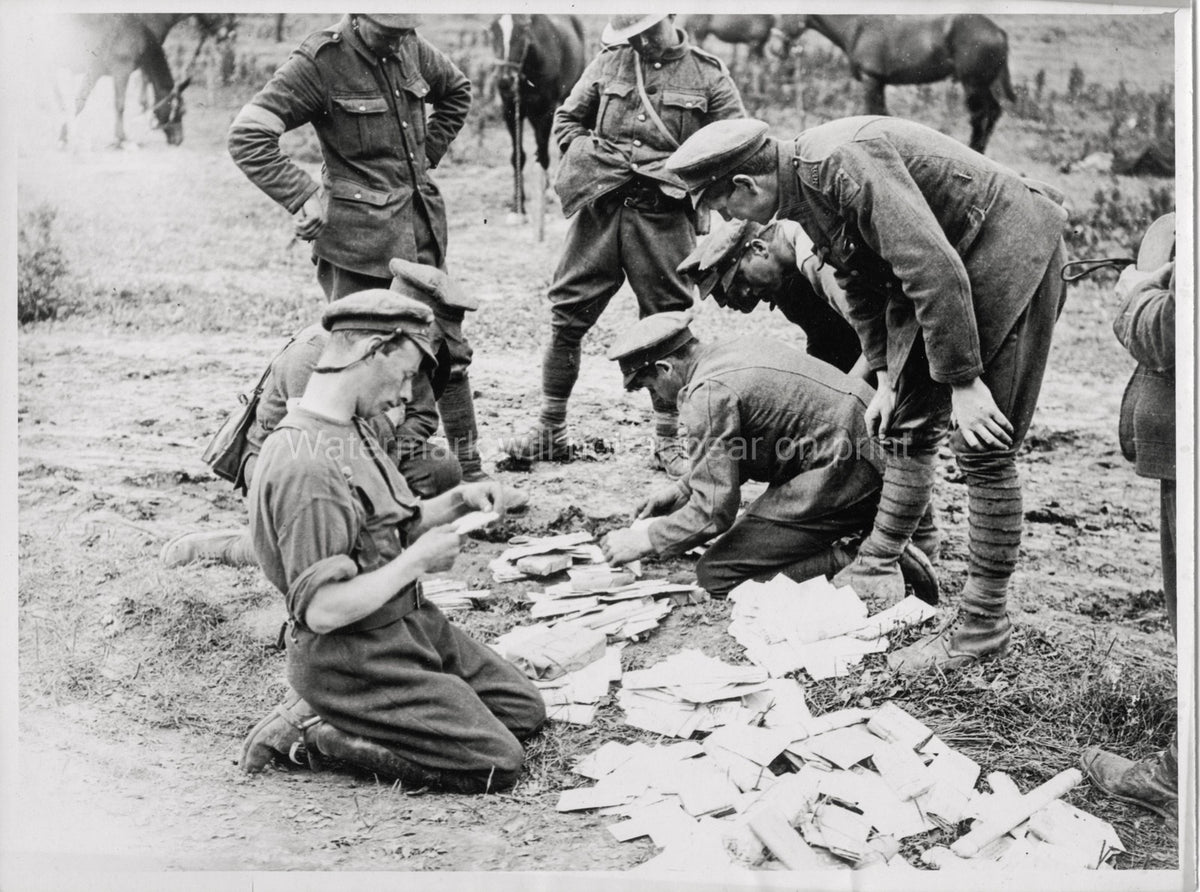 France WW1 Soldiers Sorting Mail Letters Army Field Horses Vtg. Photo