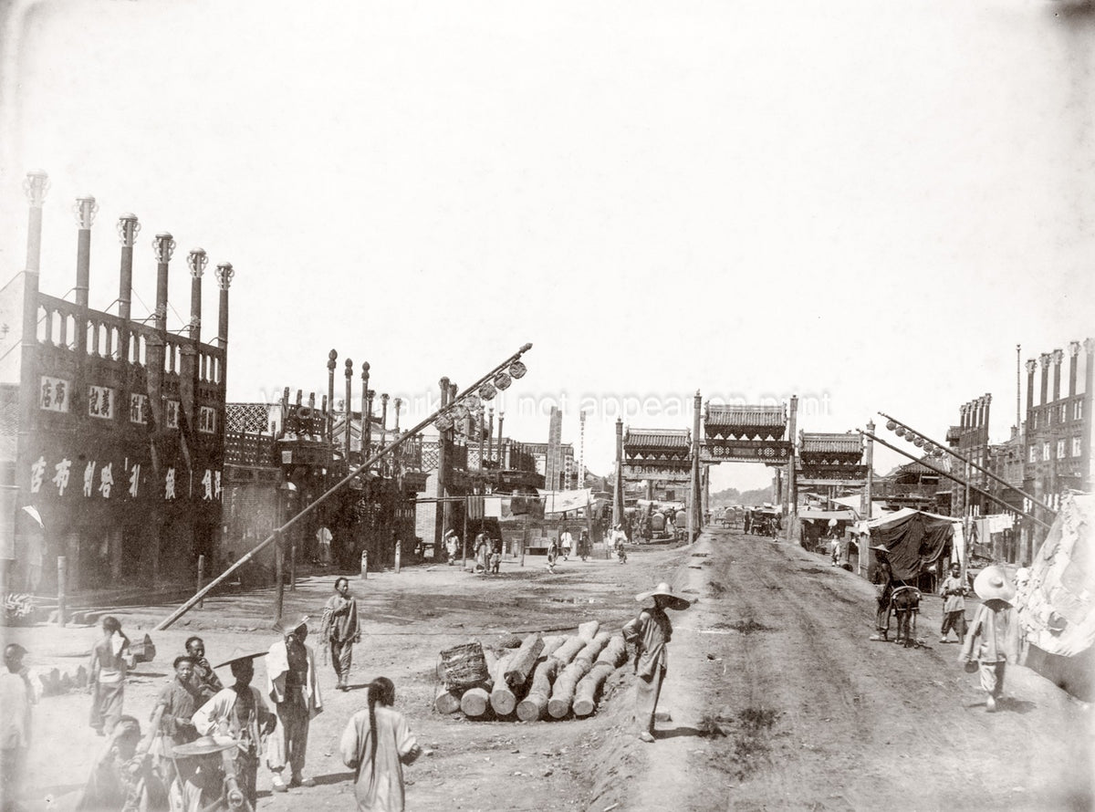 Peking Beijing China Street Scene Architecture Shops People Vtg. Photo 19thC.