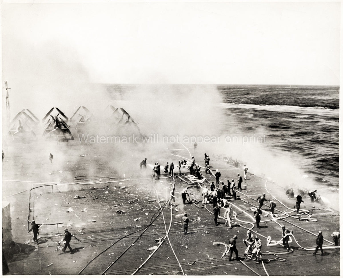 Fire Aircraft Carrier Flight Deck Sailors Fighting Blaze Vtg. Photo WW2