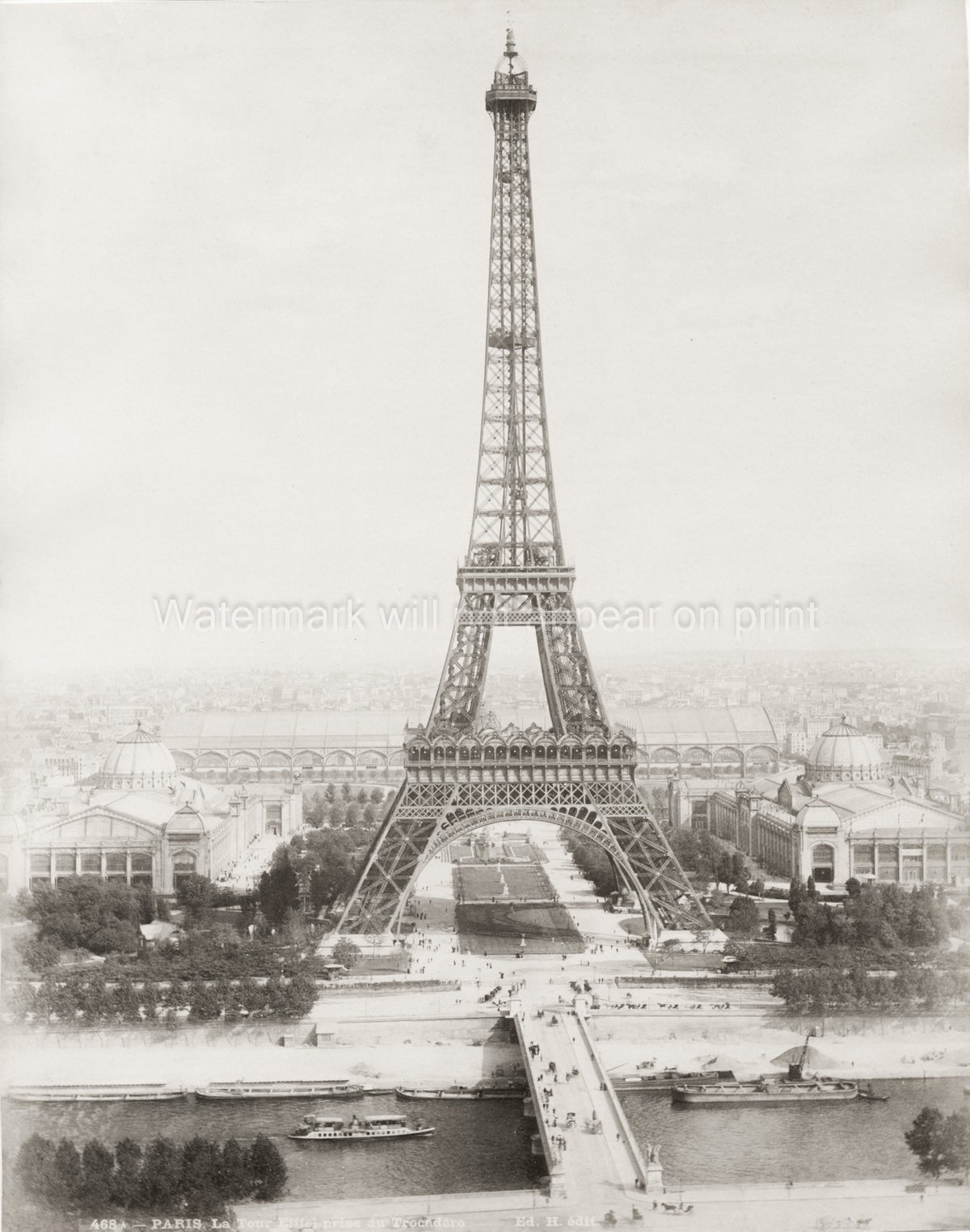 Paris Eiffel Tower Aerial View River Seine Cityscape Vtg. Photo 19thC.