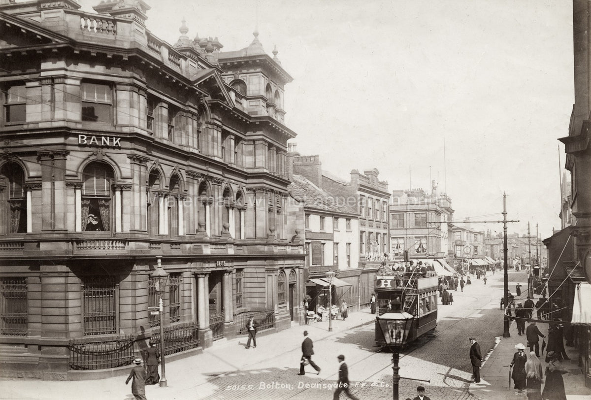 Deansgate Bolton Greater Manchester Street Scene Tram Bank Vtg. Photo 19thC.
