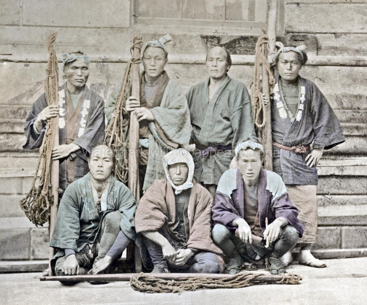 Japan Group of Farm Workers Laborers Traditional Clothing Vtg. Photo 19thC.