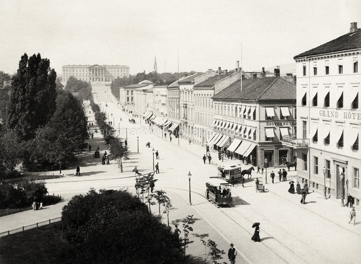 Christiania Oslo Norway Carl Johans Street Grand Hotel Trams Vtg. Photo 19thC.