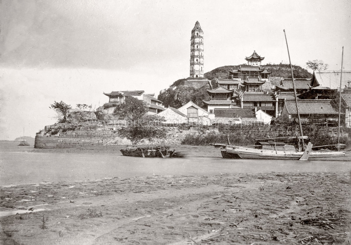 China Pagoda Hilltop River Boats Temples Architecture Vtg. Photo 19thC.