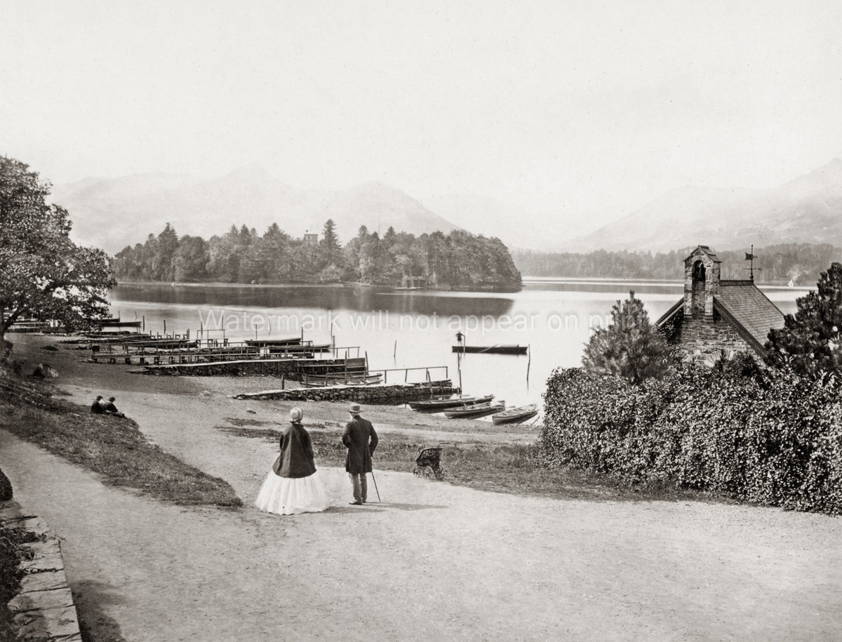 Derwent Water Keswick Cumbria Boat House Lake Mountains Couple Vtg. Photo 19thC.