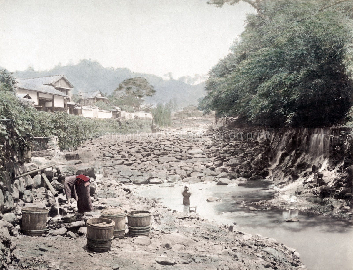 Nakajima Nikko Japan Village Life River Waterfall Barrels Vtg. Photo 19thC.