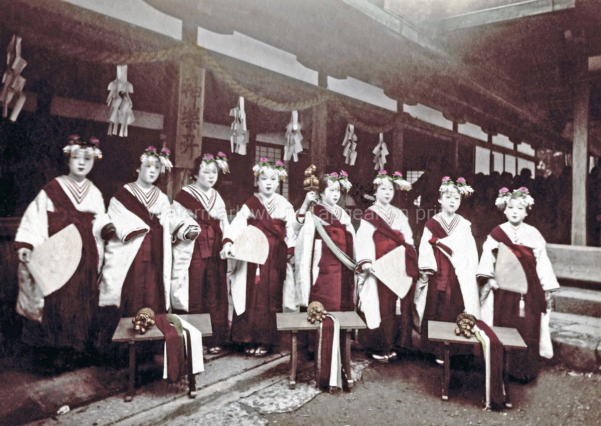 Japan Miko Temple Maidens Group Traditional Costume Shrine Vtg. Photo 19thC.