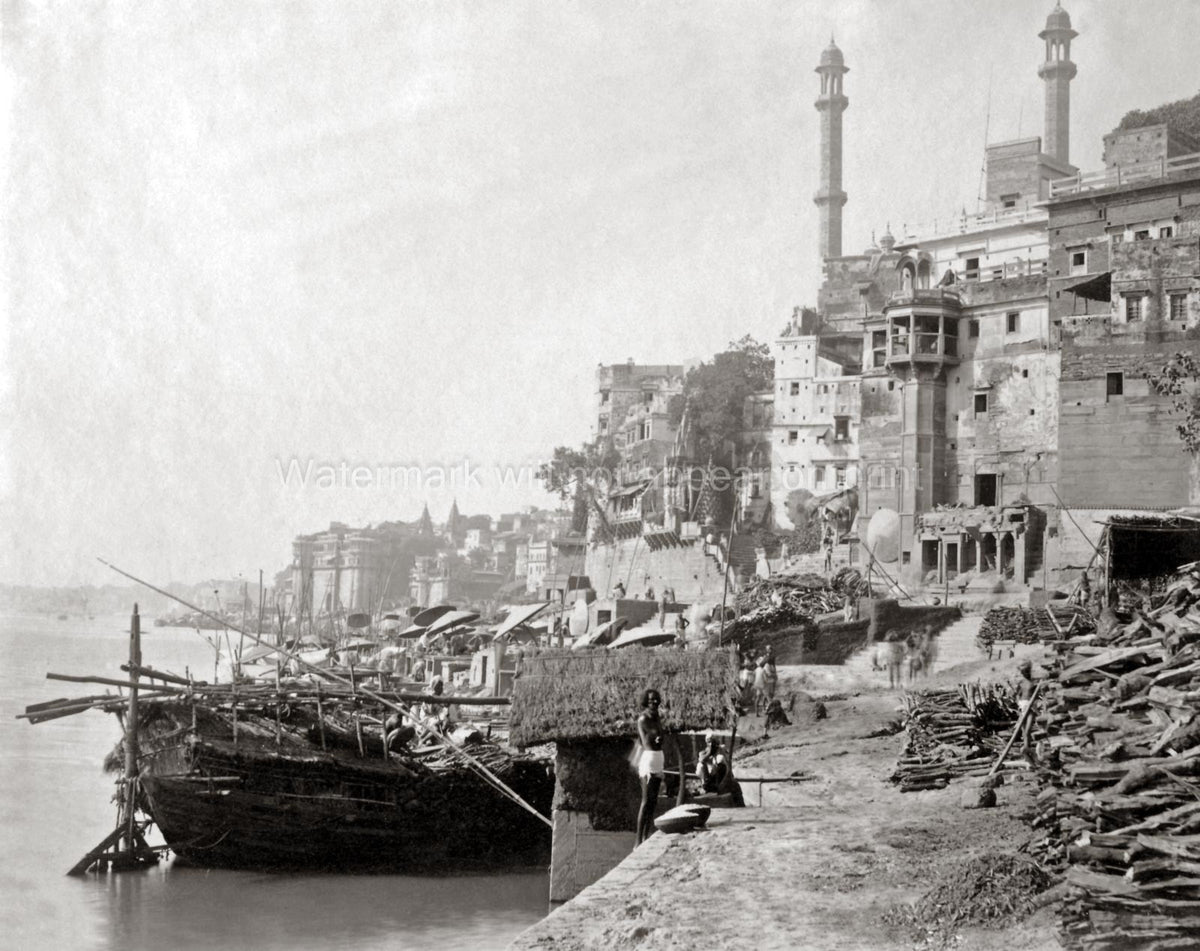 Varanasi Benares River Ganges Ghats Boats Mosque Cityscape Vtg. Photo 19thC.