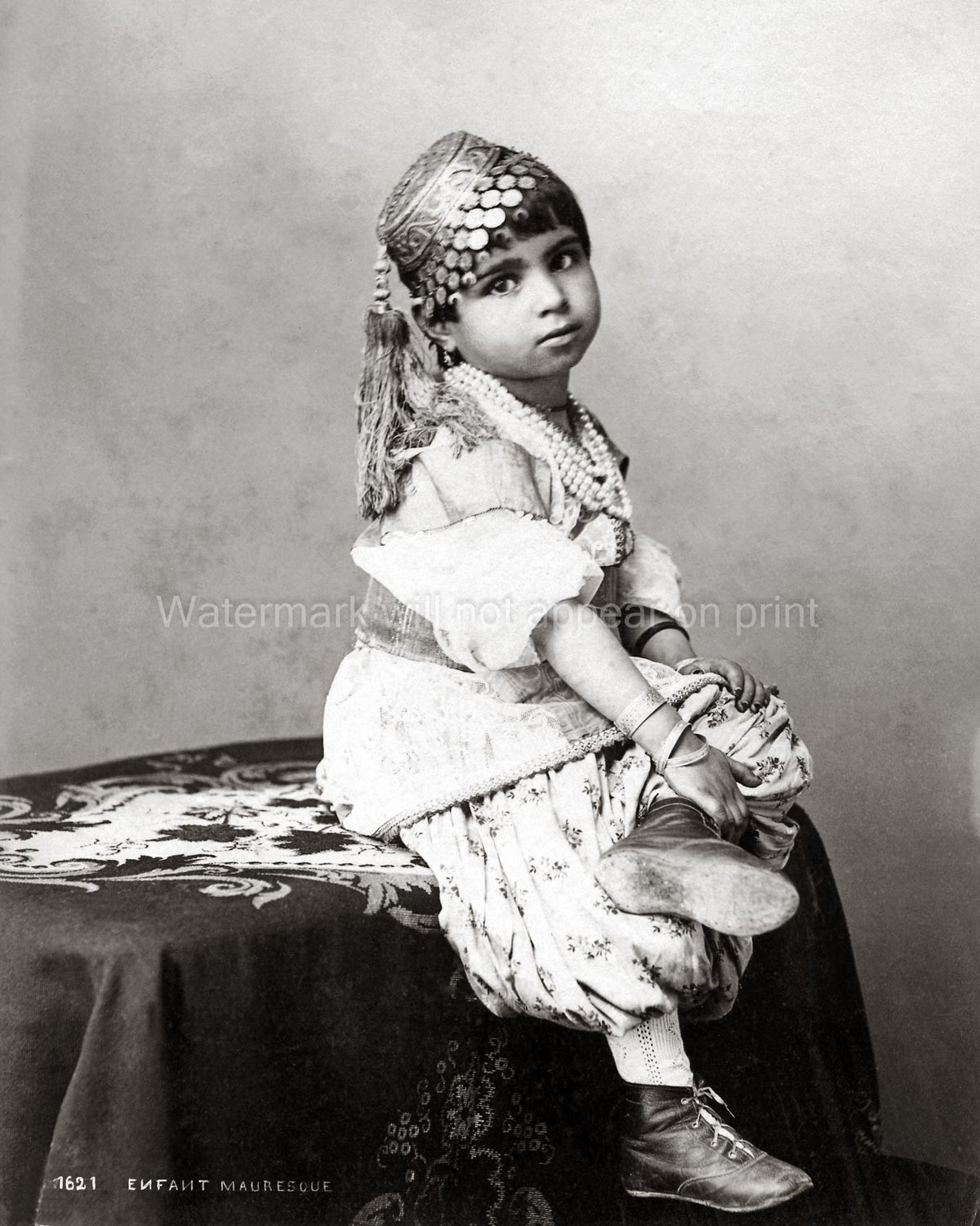 Algeria Mauresque Child Girl Portrait Traditional Dress Vtg. Photo 19thC.