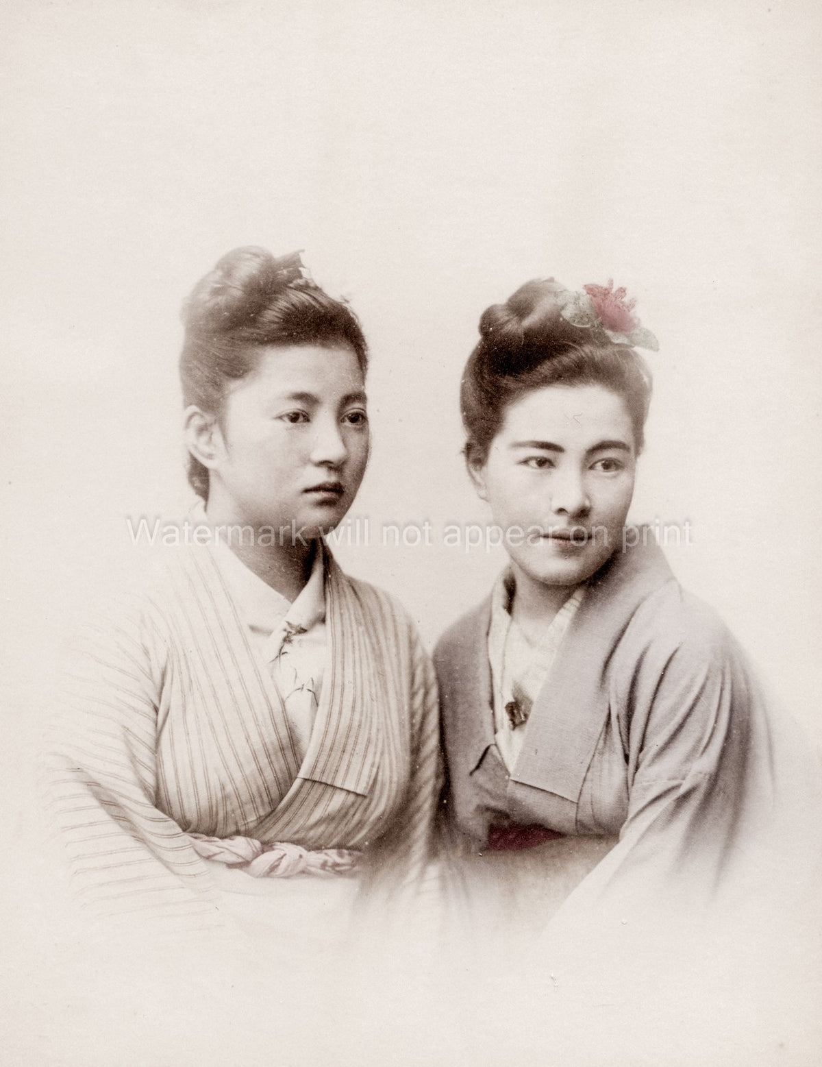 Young Japanese Women Traditional Kimono Hairstyle Studio Vtg. Photo 19thC.