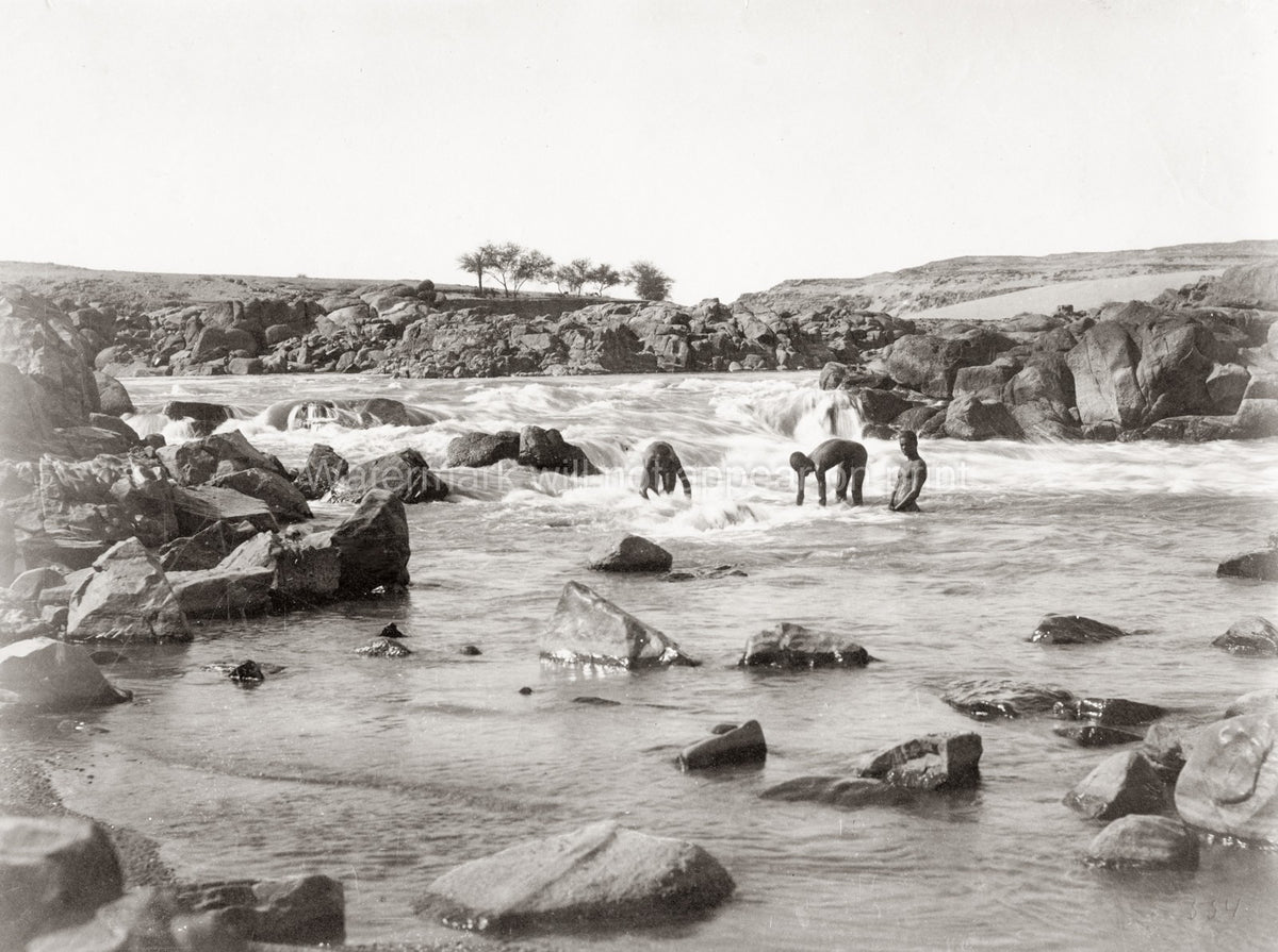 2nd Cataract River Nile Aswan Egypt Men Bathing Rapids Vtg. Photo 19thC.