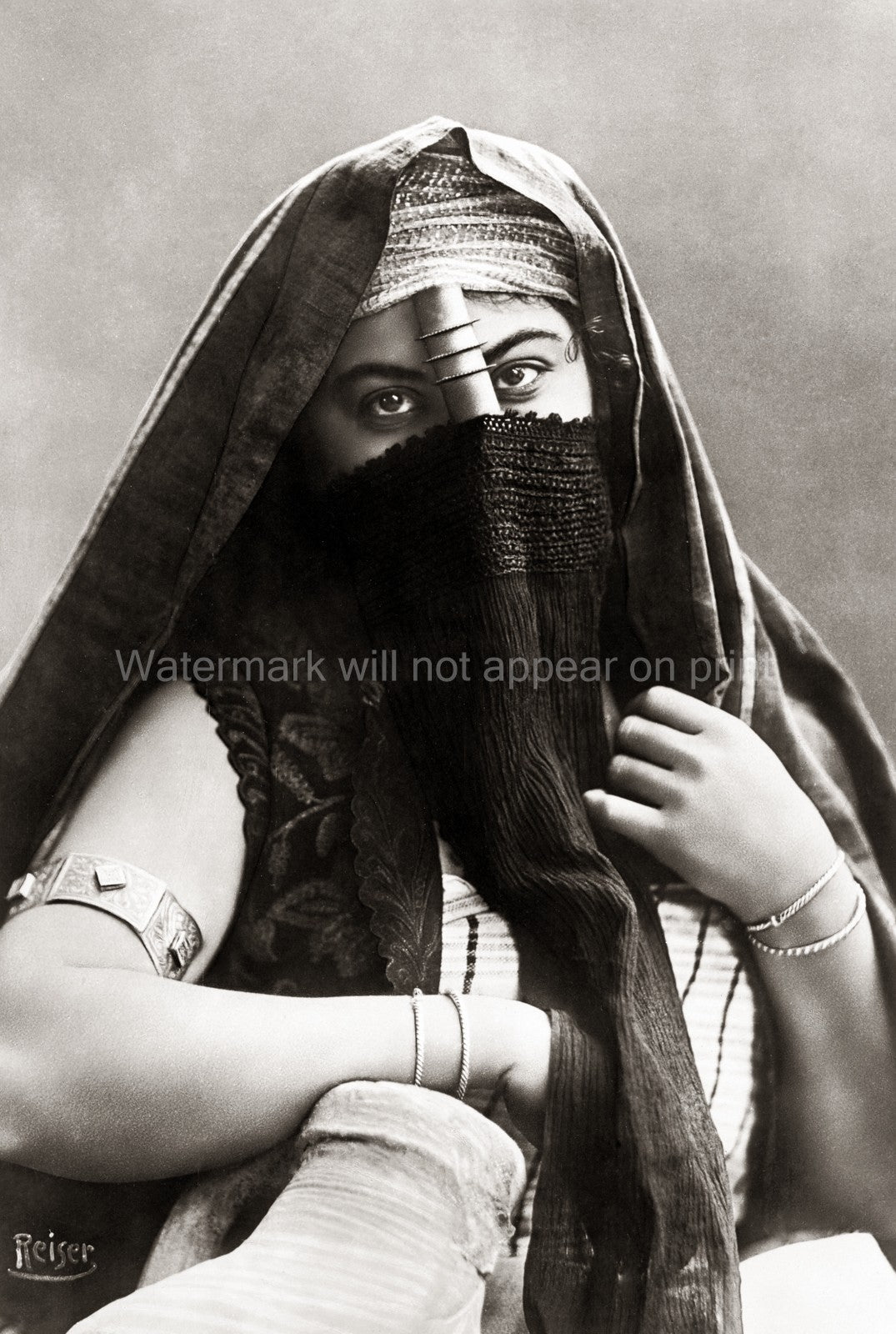 Veiled Woman Cairo Egypt Portrait Traditional Dress Jewelry Vtg. Photo 20thC.