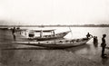 India River Bank Fishing Boats Canoes Fishermen Villagers Vtg. Photo 19thC.