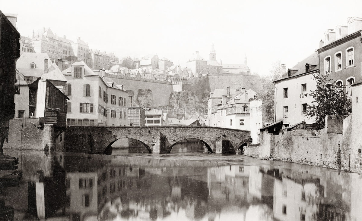 Luxembourg City View Alzette River Stone Bridge Fortifications Vtg. Photo 19thC.