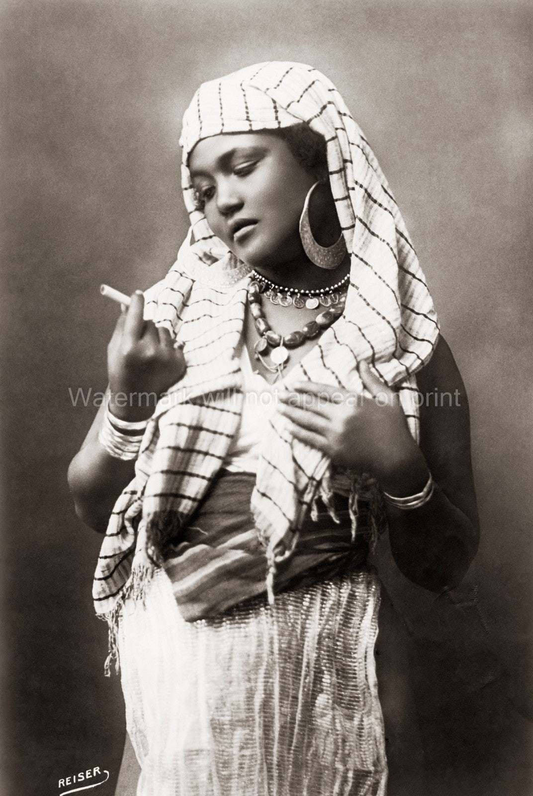 Egyptian Girl Smoking Cigarette Portrait Headscarf Jewelry Vtg. Photo 20thC.