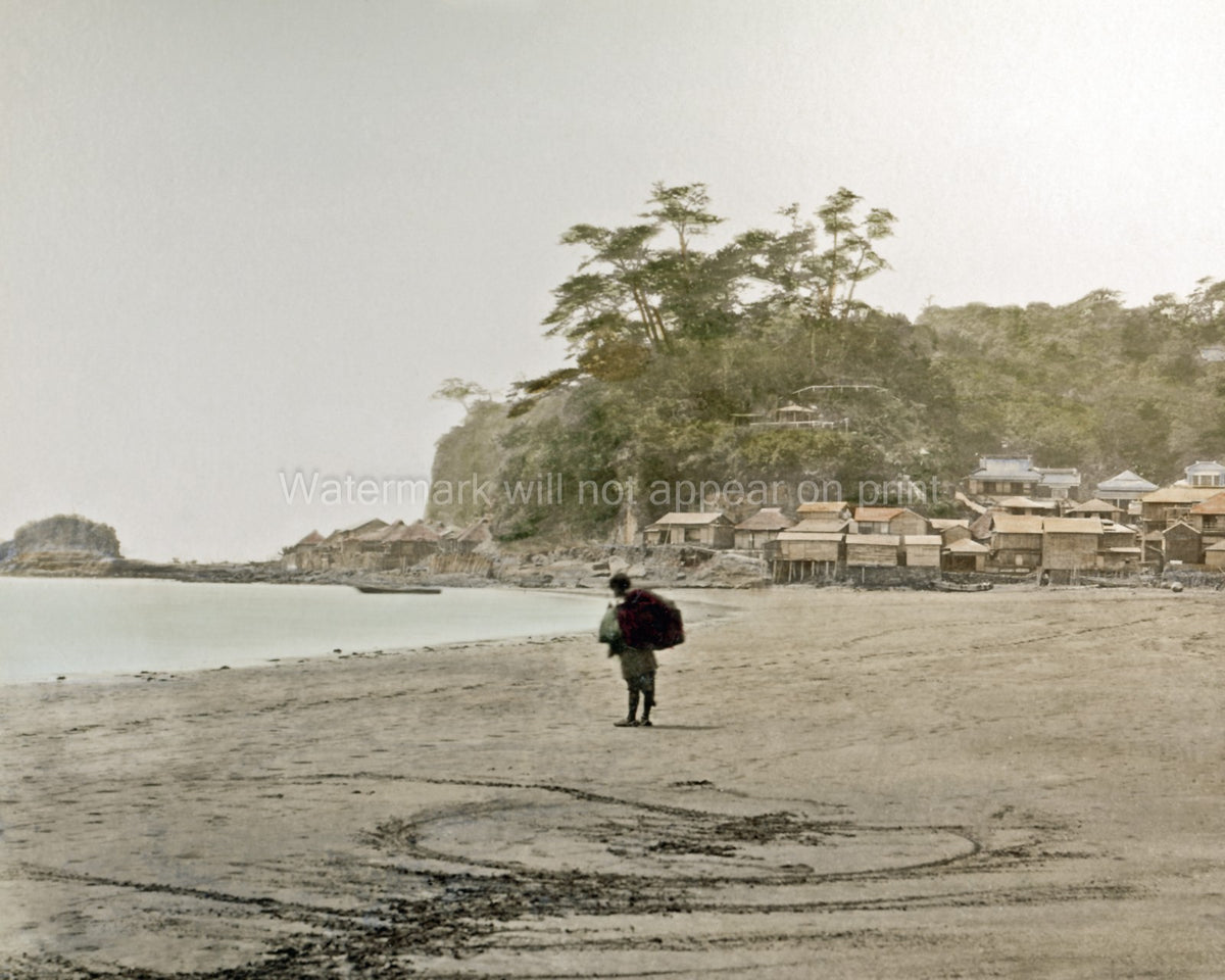Beach Enoshima Fujisawa Japan Lone Figure Coastal Village Vtg. Photo 19thC.