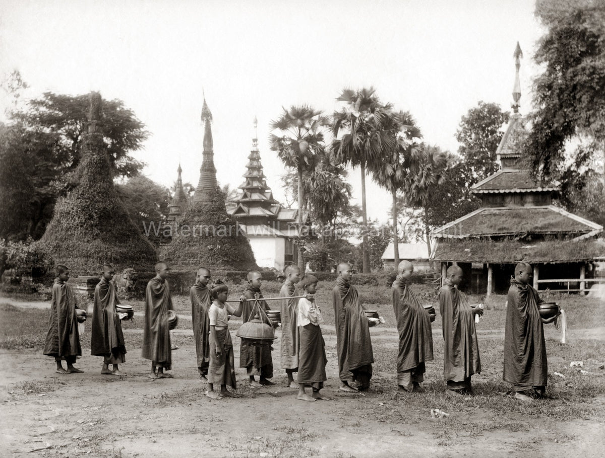Rangoon Burma Buddhist Monks Alms Procession Pagoda Temple Vtg. Photo 19thC.